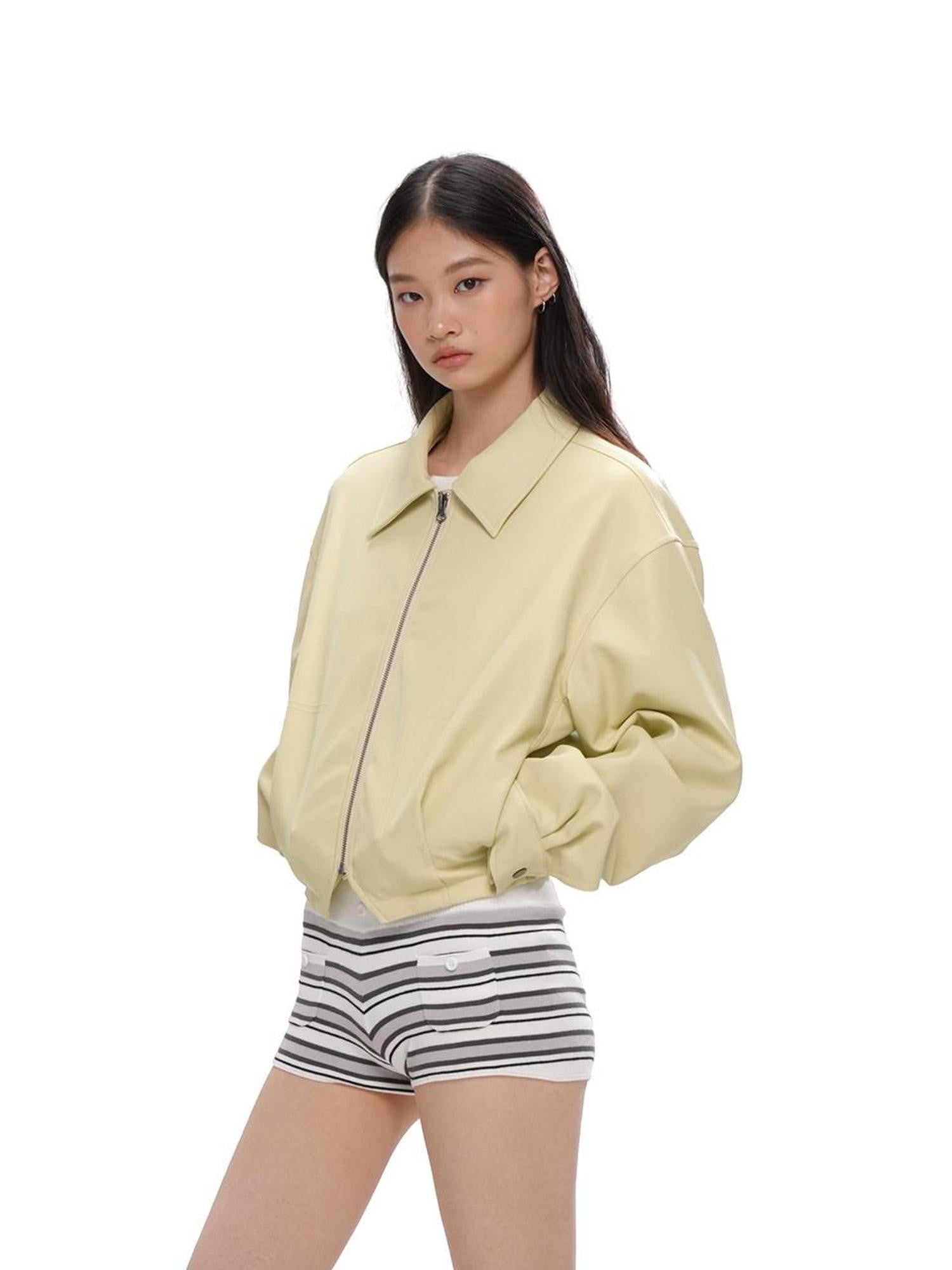 SweetChilling Cropped Shiny Fleece Lined Zipped Lapel Fitted Women&