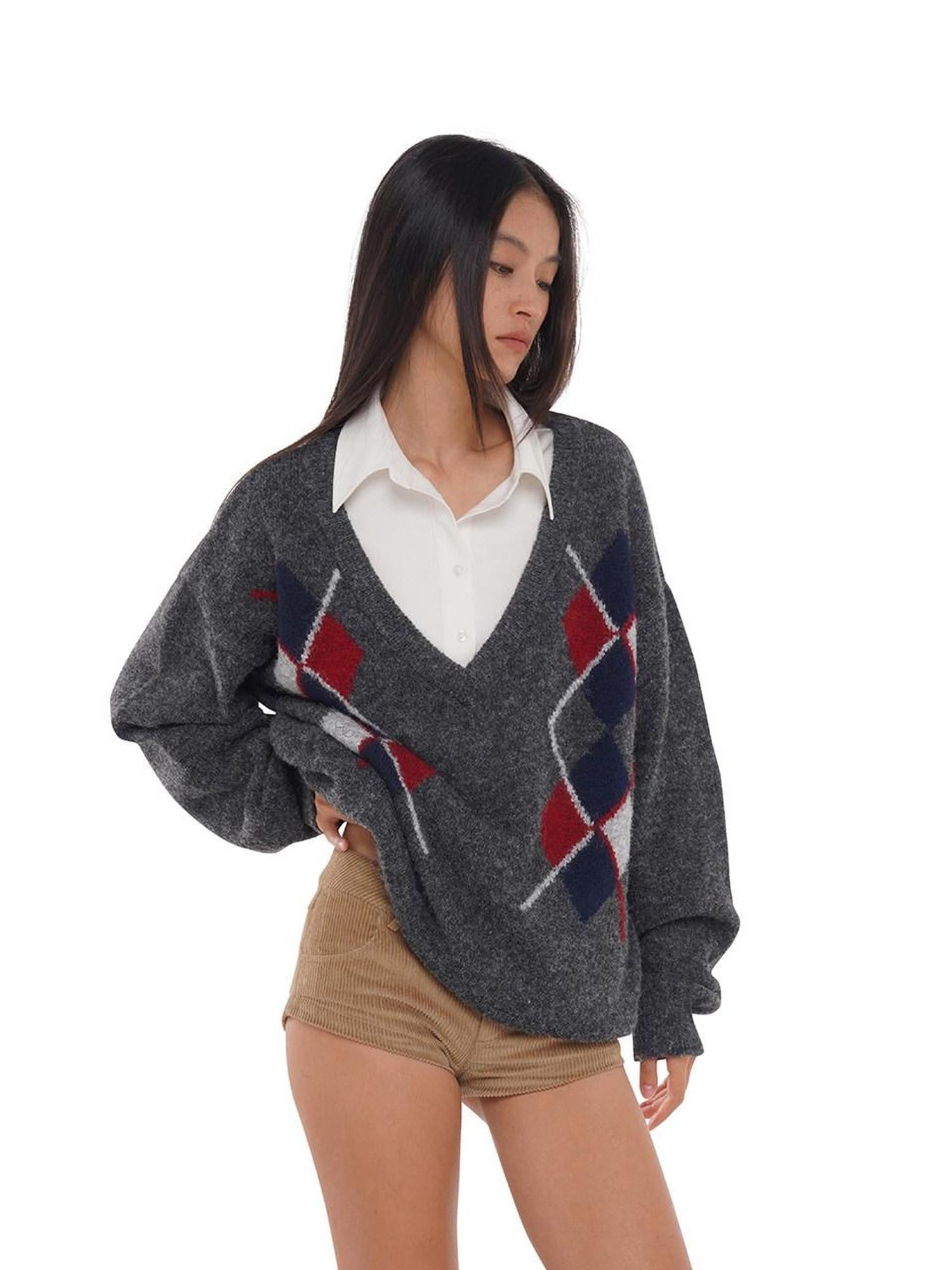 SweetChilling Diamond Argyle Jacquard Deep V-neck Oversized Women&