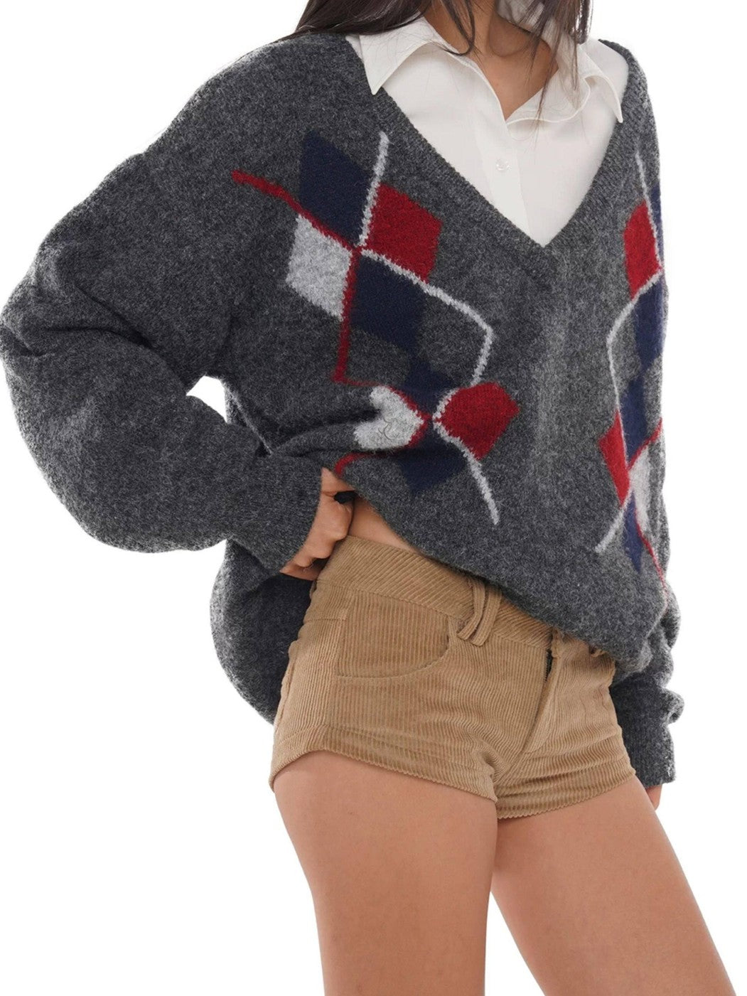 SweetChilling Diamond Argyle Jacquard Deep V-neck Oversized Women&
