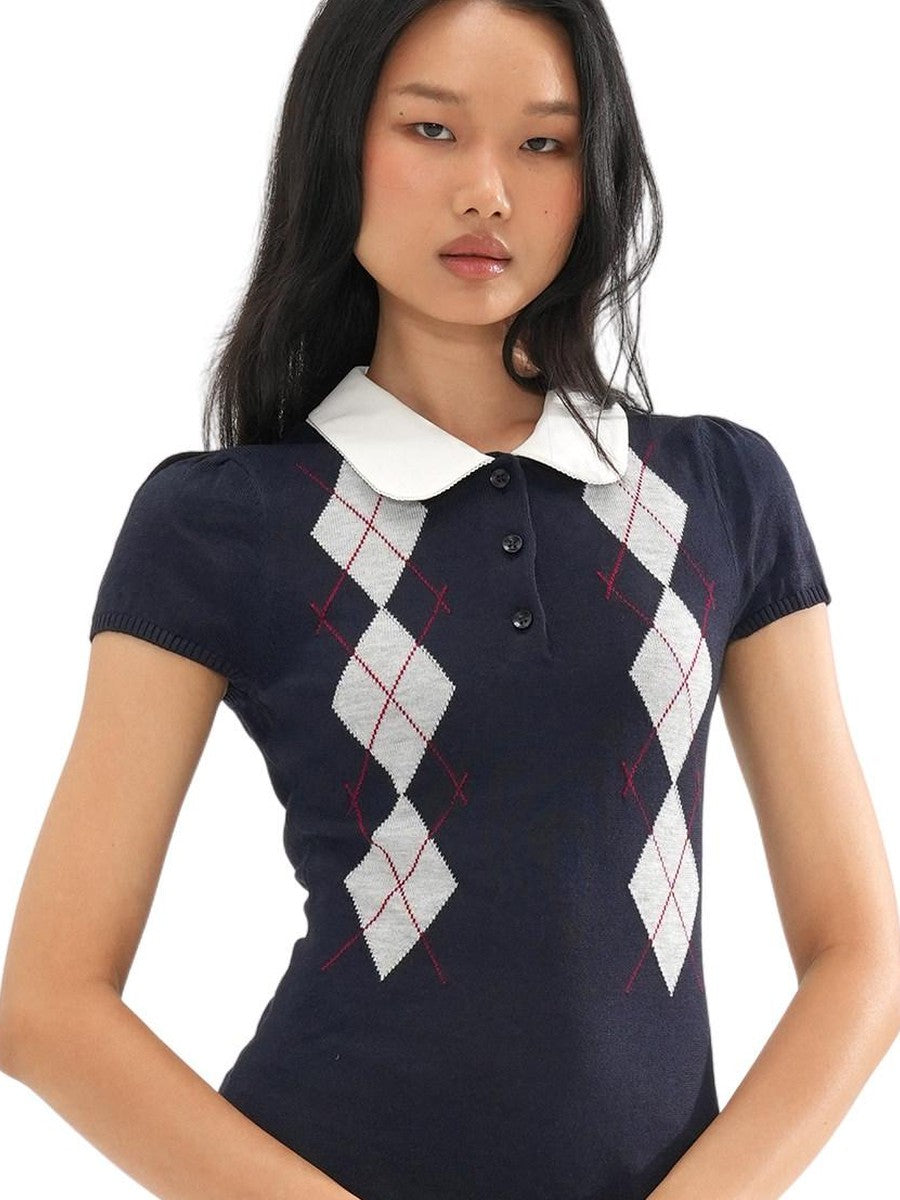 SweetChilling Diamond Contrast Jacquard Round Neck Women&