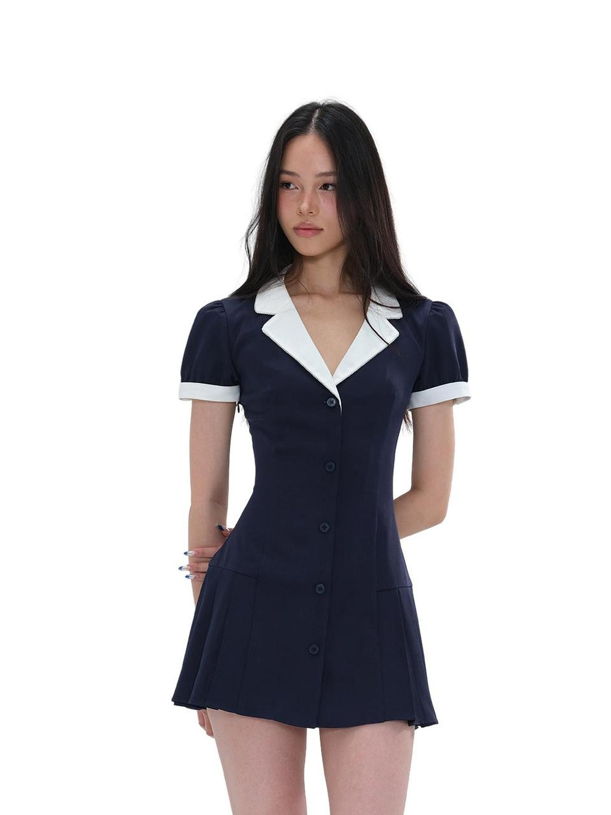 SweetChilling Elegant Pleated Notched Lapel Slim Fit Cotton Women&