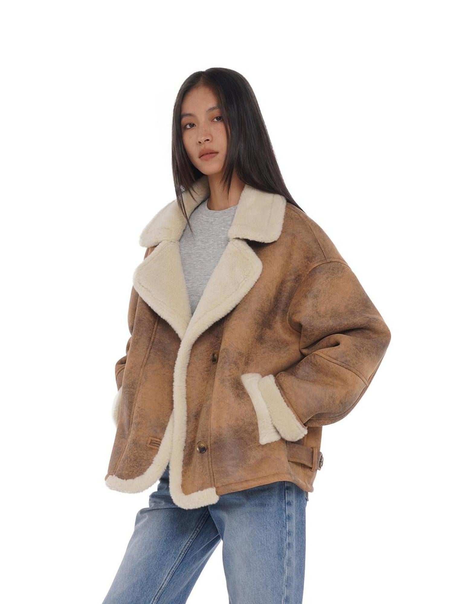 SweetChilling Faux Shearling Lapel Oversized Short Women&