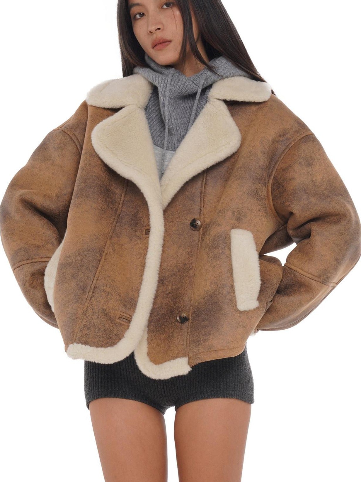 SweetChilling Faux Shearling Lapel Oversized Short Women&