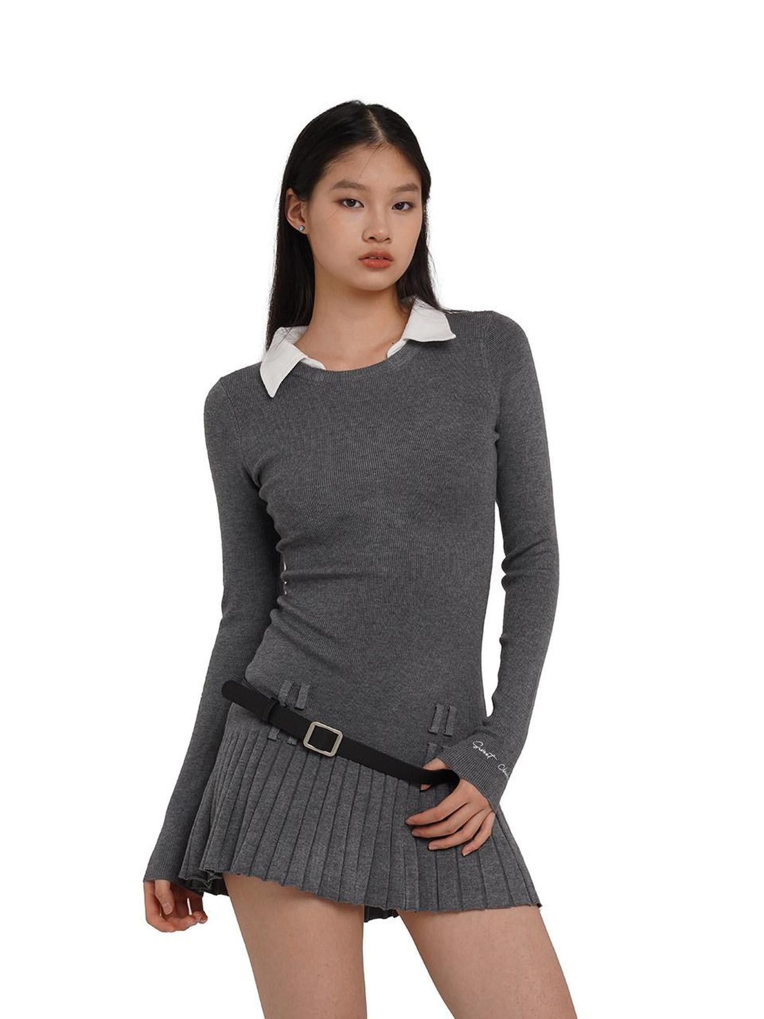SweetChilling Faux Shirt Collar Pleated Belted Slim Women&