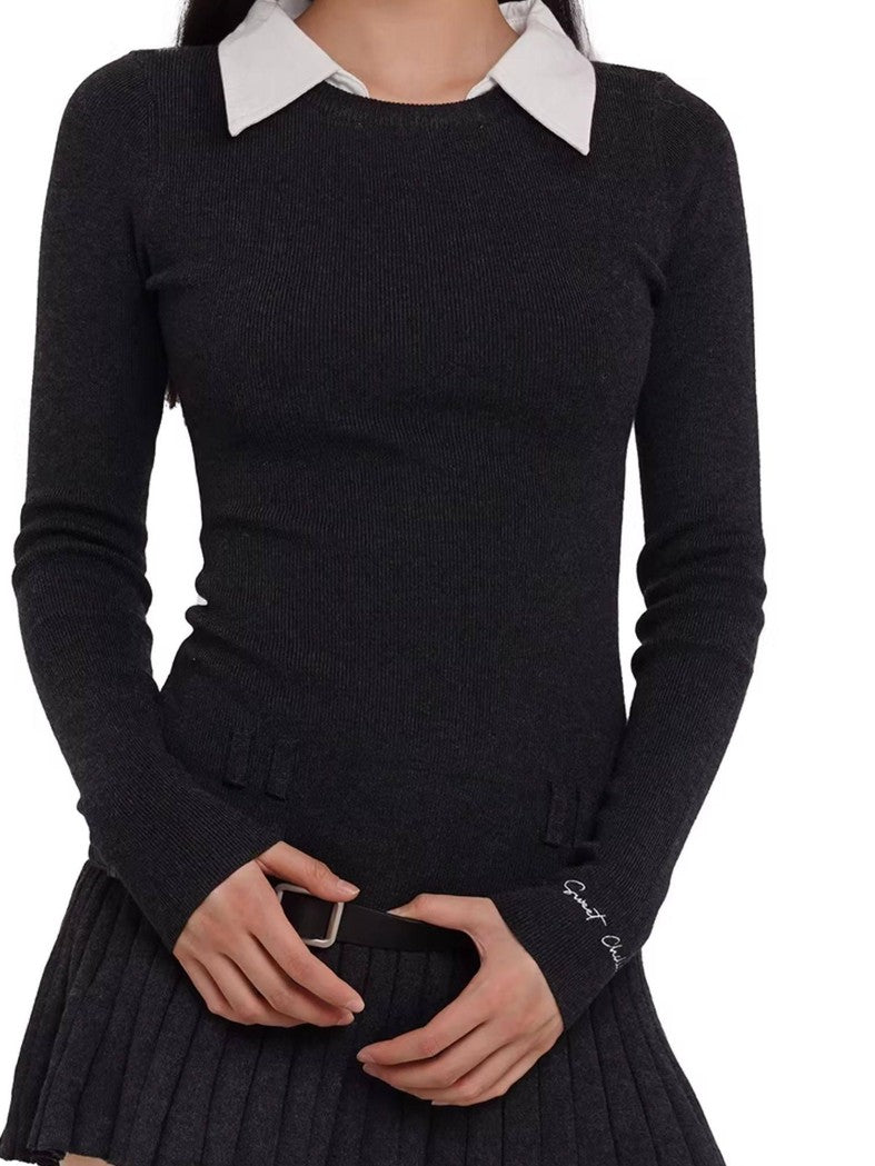 SweetChilling Faux Shirt Collar Pleated Belted Slim Women&