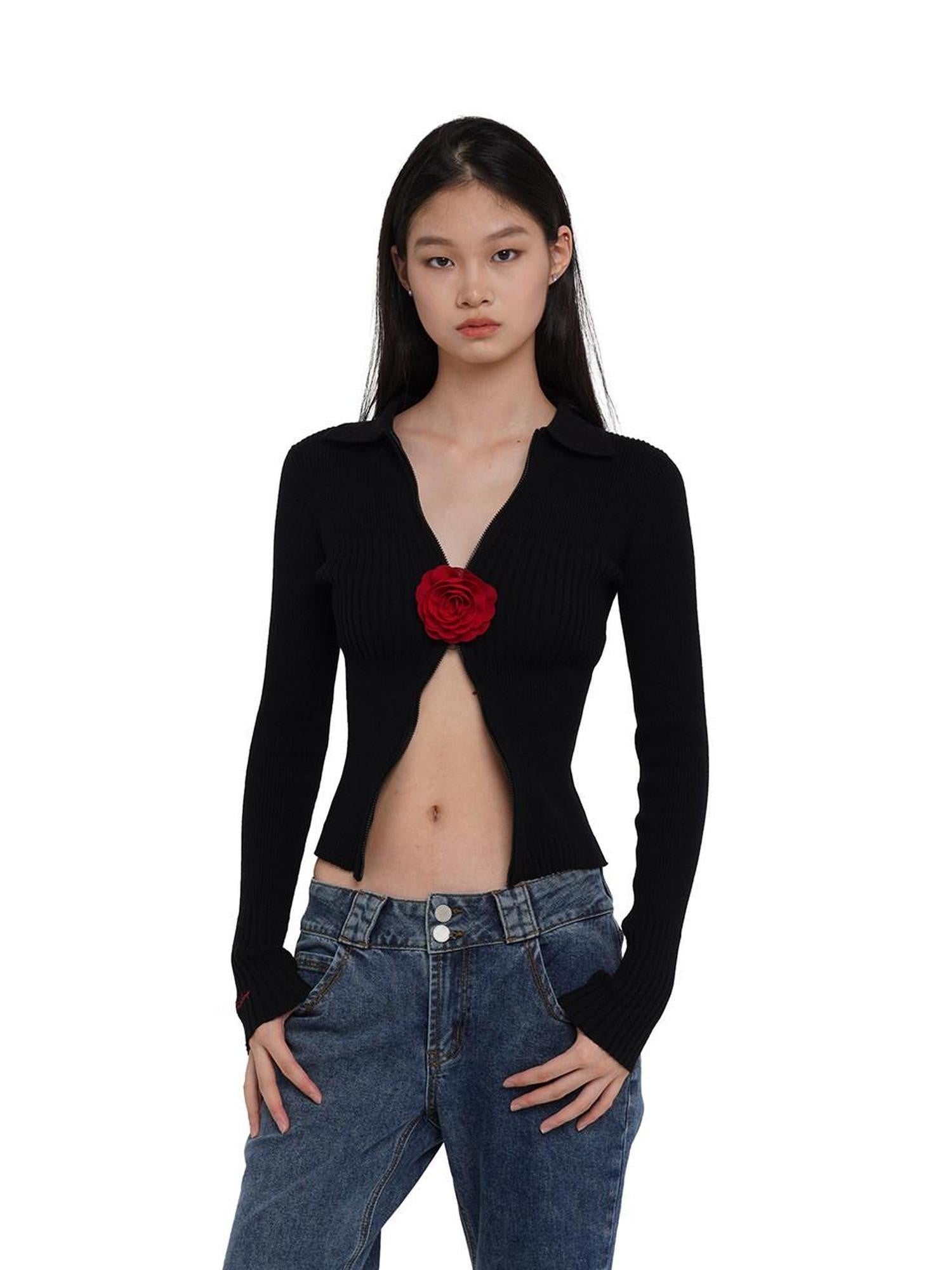 SweetChilling Flower Brooch Knit Two Way Zipper Slim Fit Women&