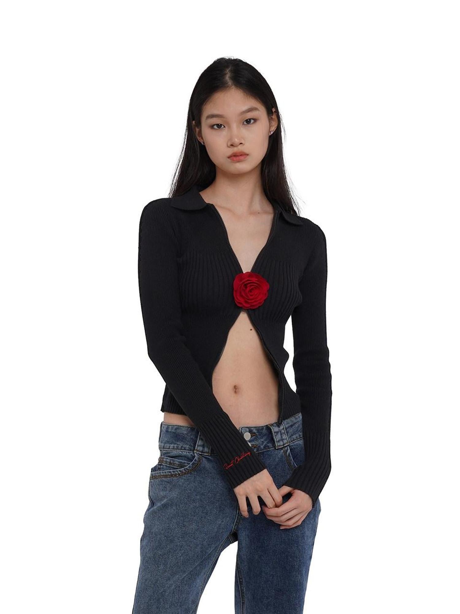 SweetChilling Flower Brooch Knit Two Way Zipper Slim Fit Women&