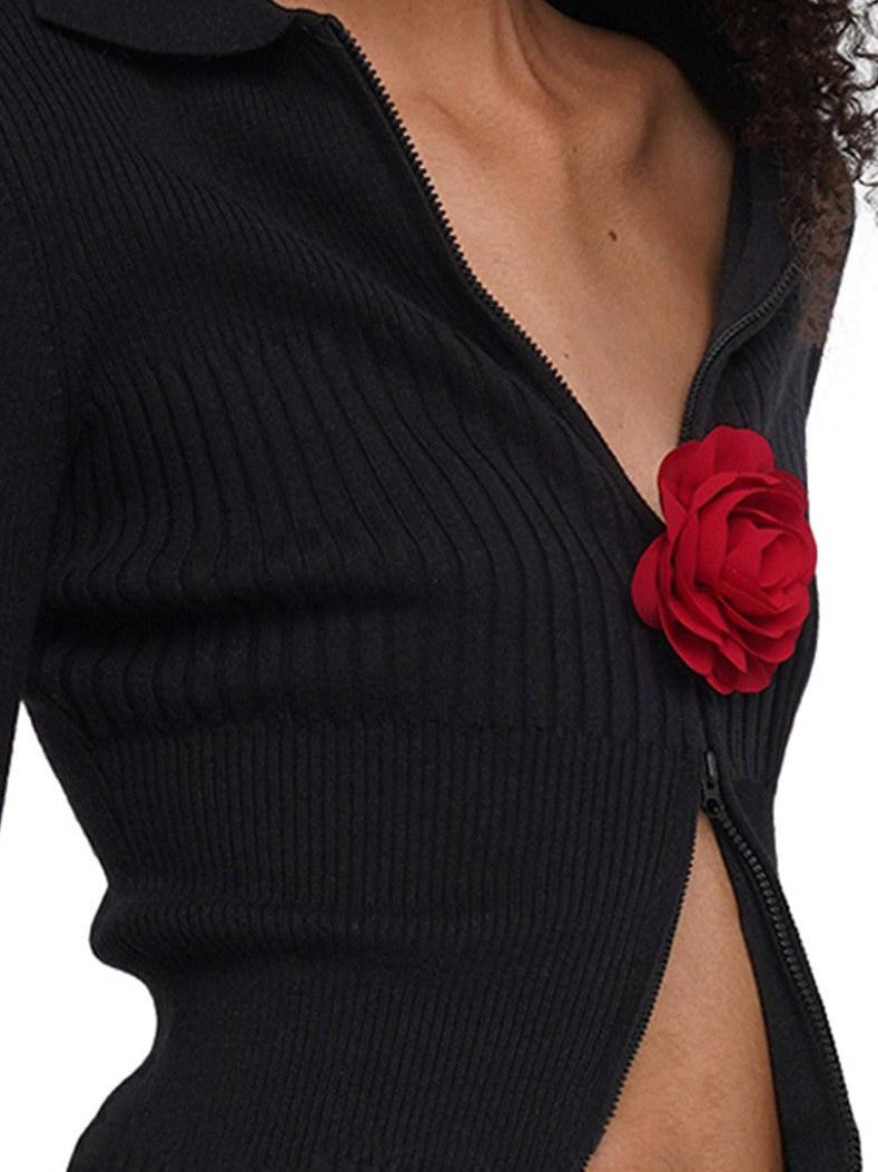 SweetChilling Flower Brooch Knit Two Way Zipper Slim Fit Women&