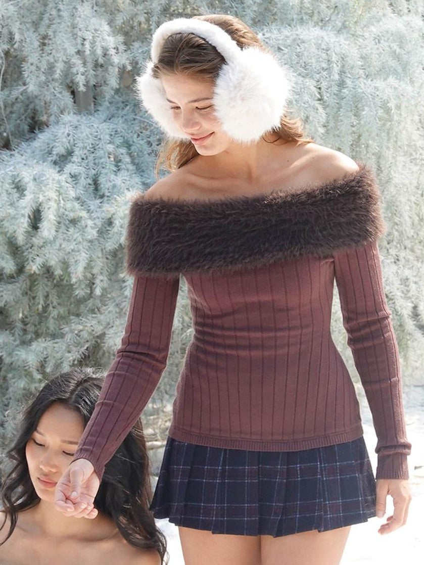SweetChilling Fuzzy Bardot Spliced Pleated Cinched Waist Women&
