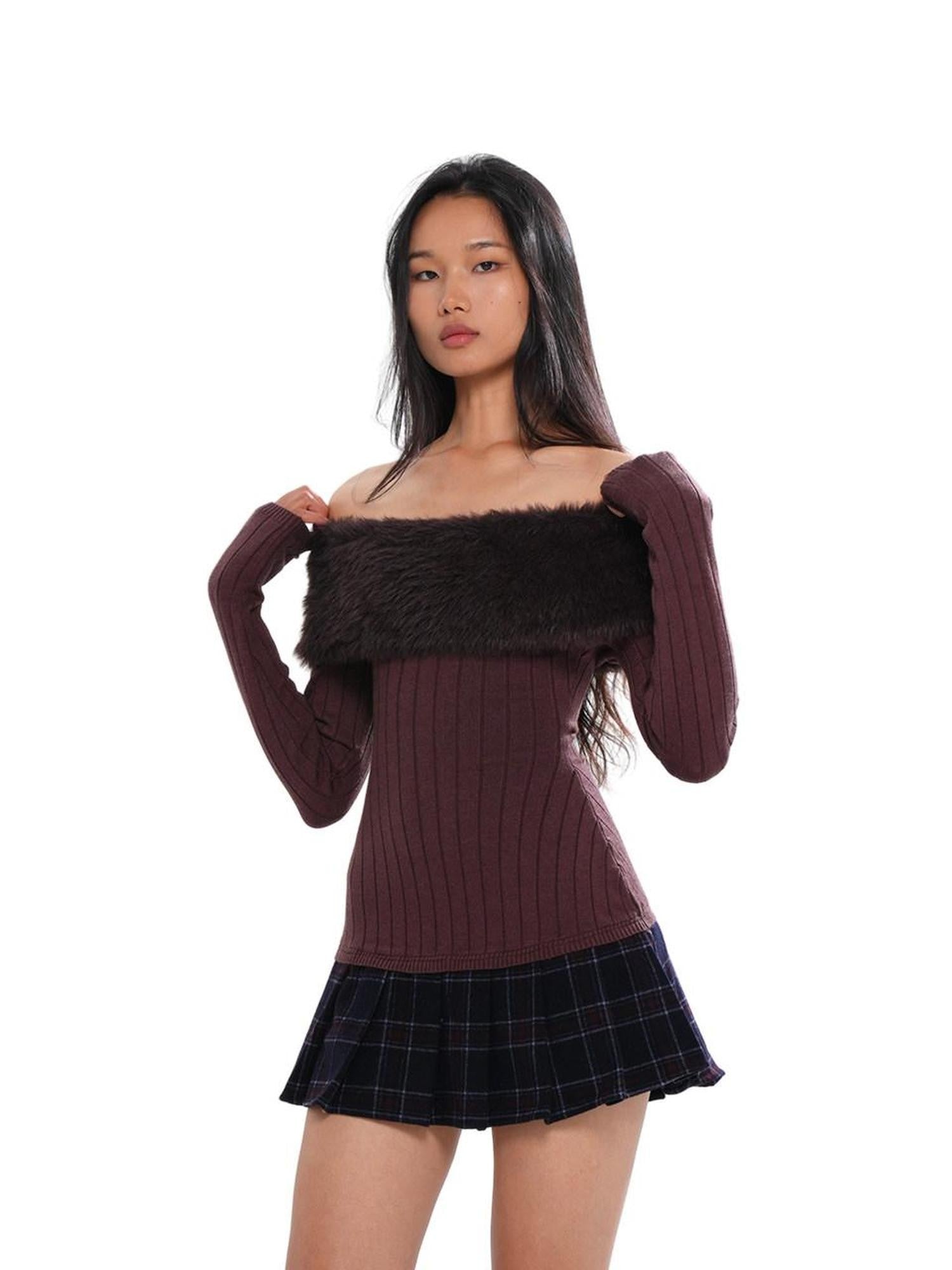 SweetChilling Fuzzy Bardot Spliced Pleated Cinched Waist Women&