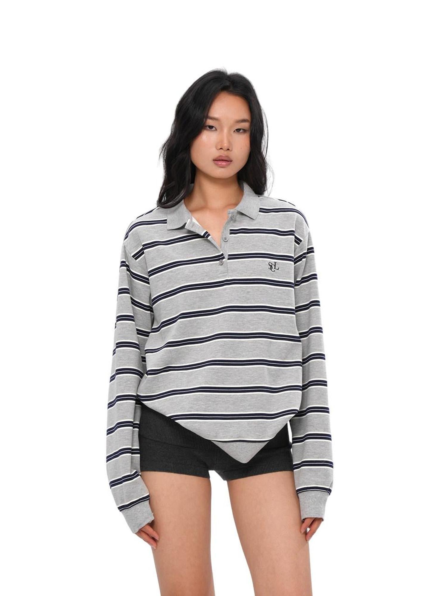 SweetChilling Gray Striped Polo Collar Women&