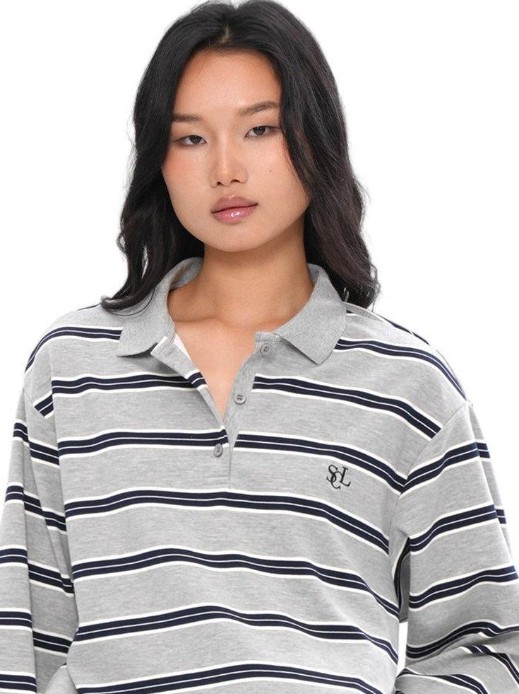 SweetChilling Gray Striped Polo Collar Women&