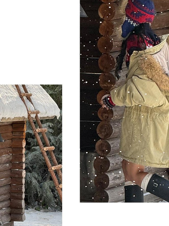 SweetChilling Khaki Detachable Hood Quilted Vintage Parka Women&