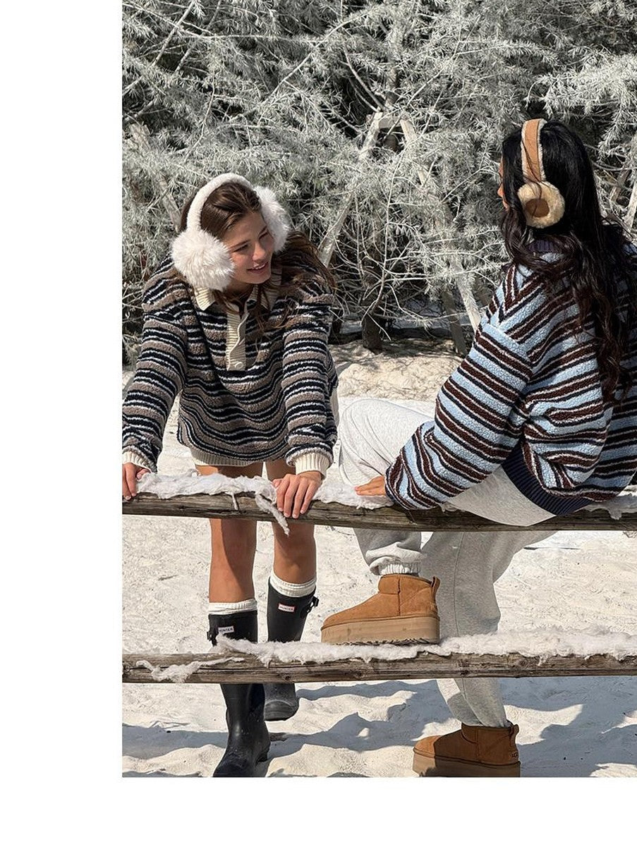 SweetChilling Layered Fleece Polo Striped Women&