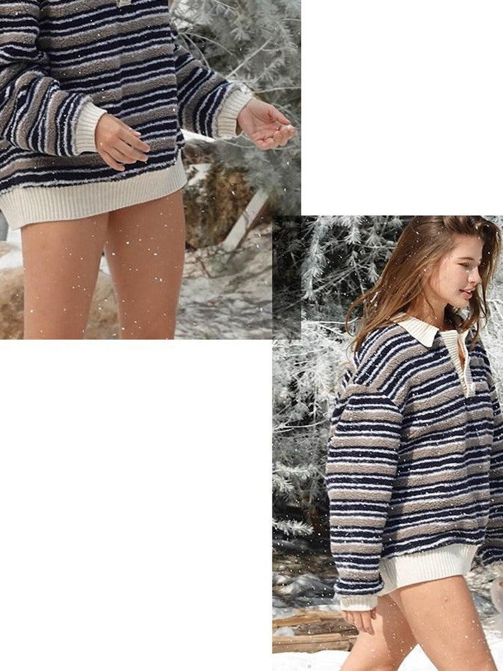 SweetChilling Layered Fleece Polo Striped Women&
