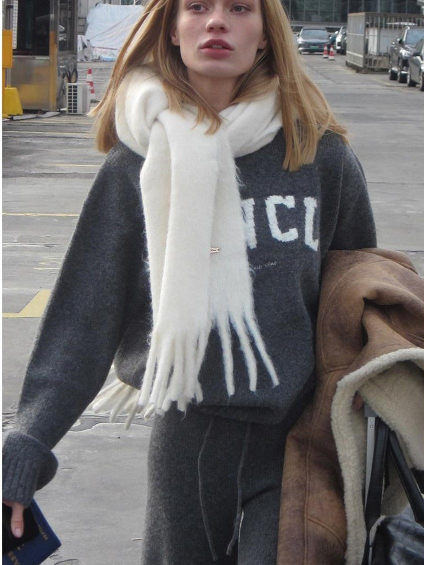 SweetChilling Light Gray Letter Jacquard Cable Knit Women&
