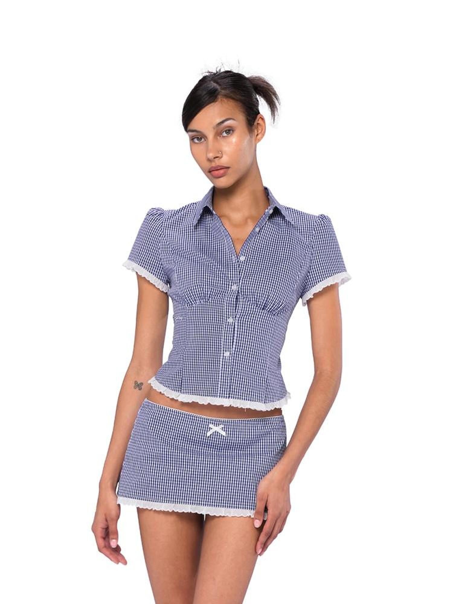 SweetChilling Navy Waist Cinched Fitted Shirt College Style Women&