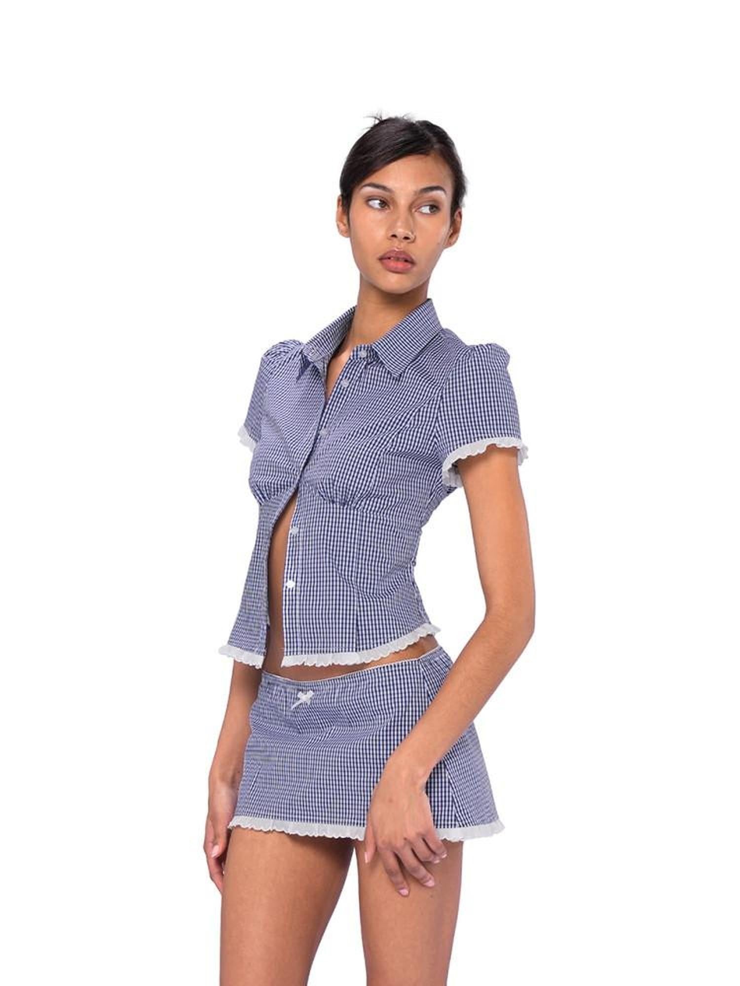SweetChilling Navy Waist Cinched Fitted Shirt College Style Women&