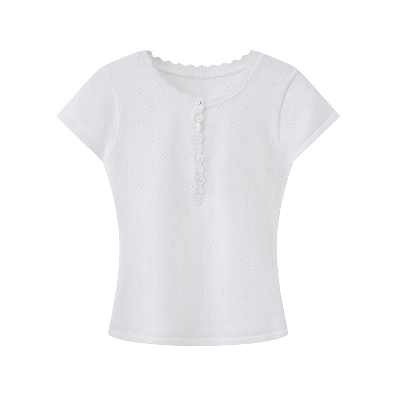 SweetChilling_Openwork_Knit_Henley_Short_Sleeve_Cinch_Waist_Women&