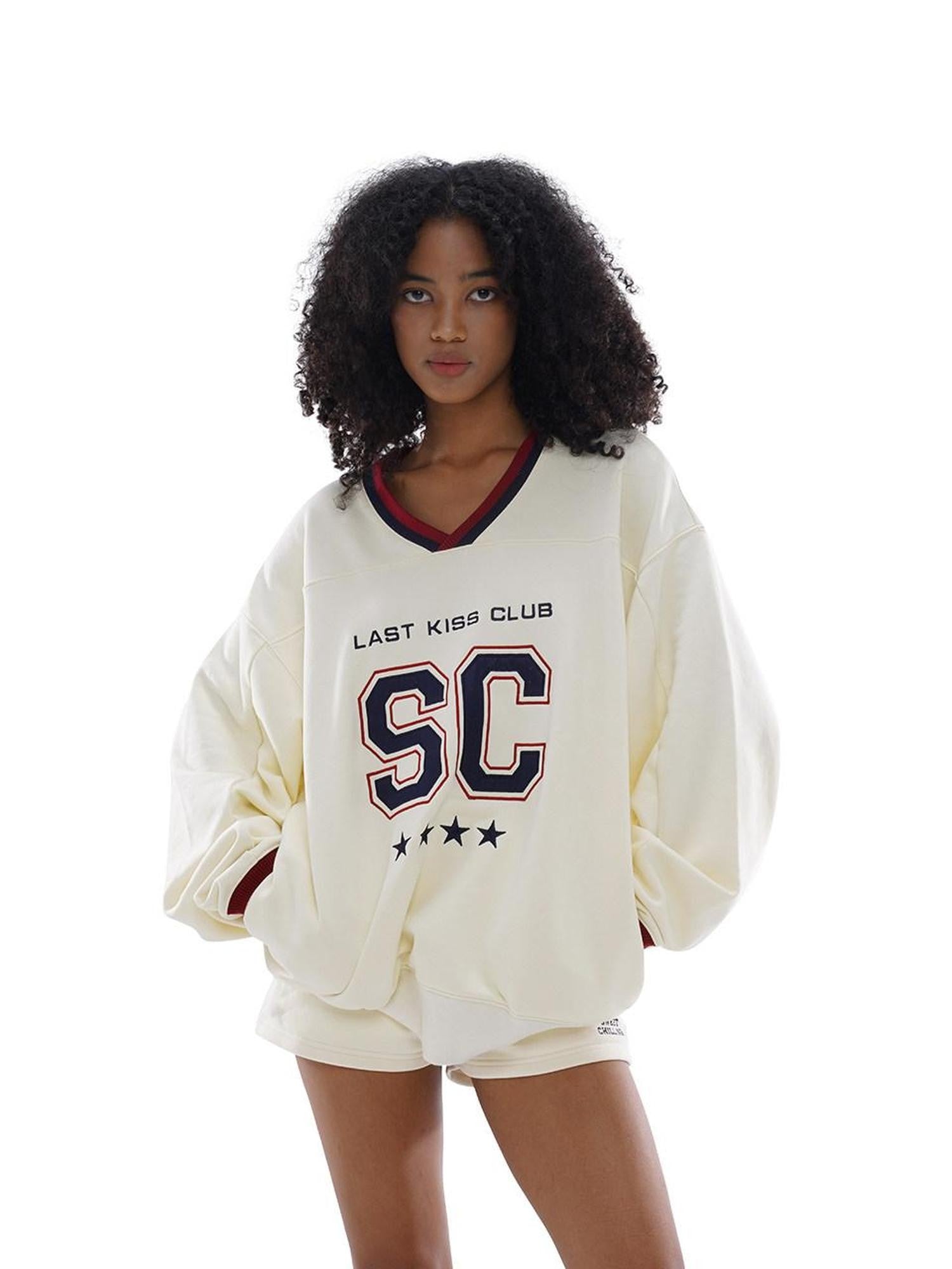 SweetChilling Oversized Heavy Embroidered Rugby V-neck Women&