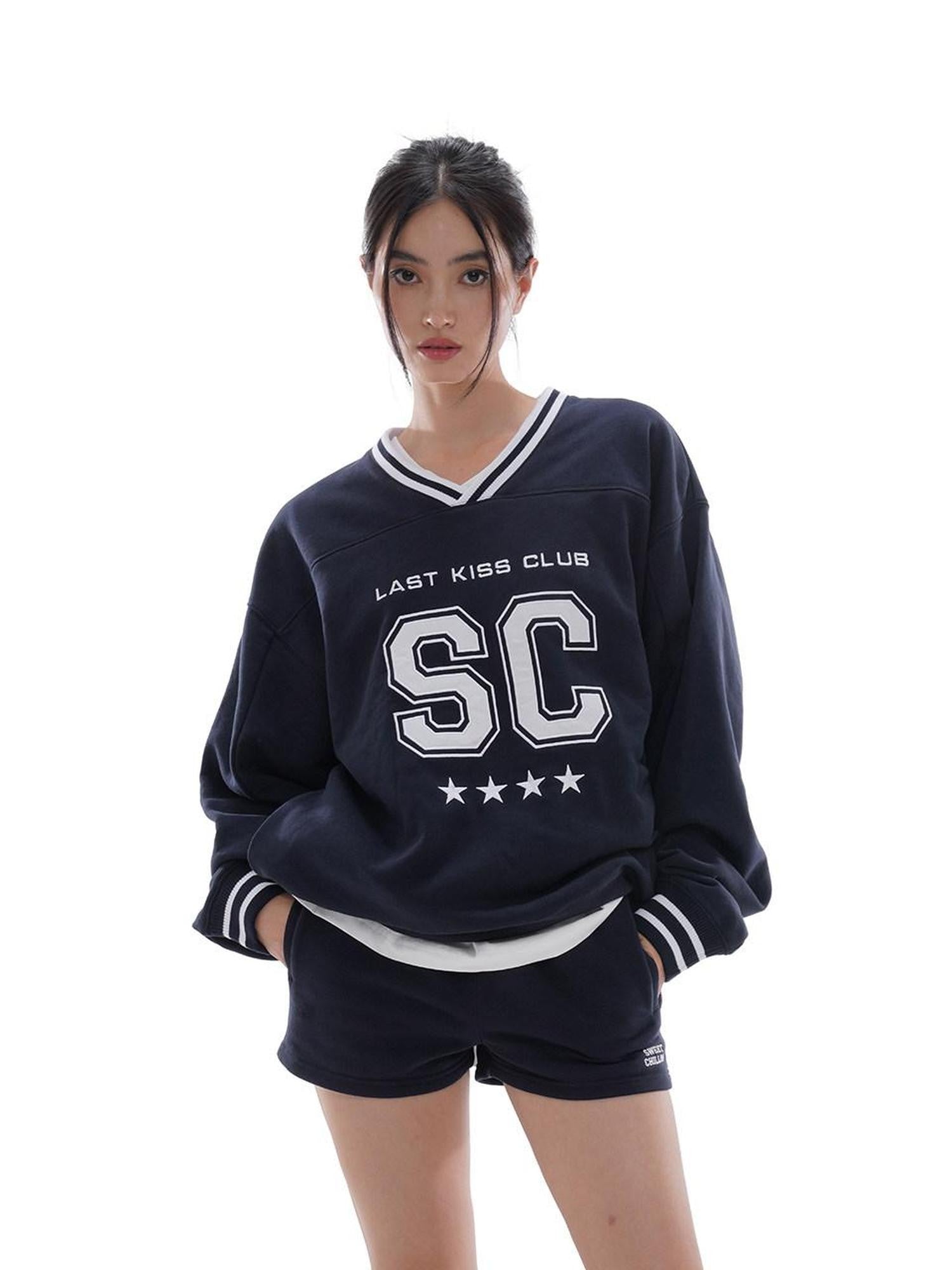 SweetChilling Oversized Heavy Embroidered Rugby V-neck Women&