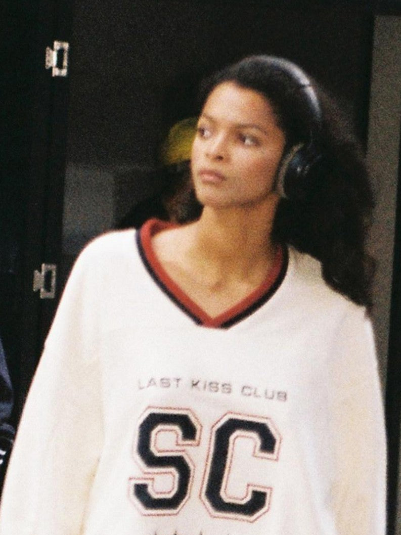 SweetChilling Oversized Heavy Embroidered Rugby V-neck Women&