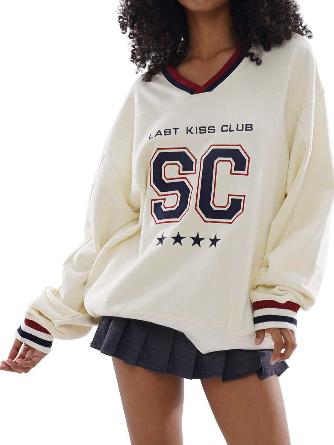 SweetChilling Oversized Heavy Embroidered Rugby V-neck Women&