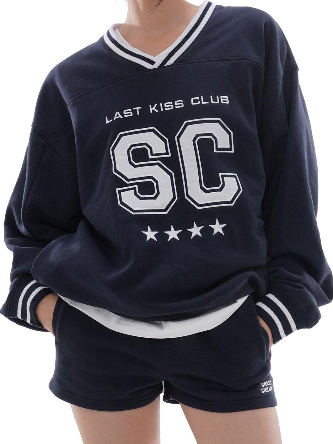 SweetChilling Oversized Heavy Embroidered Rugby V-neck Women&