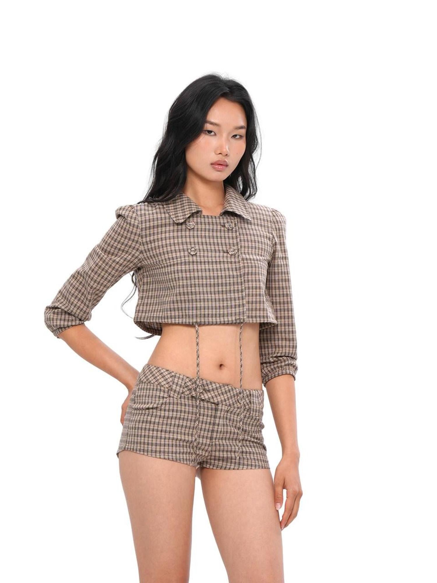 SweetChilling Plaid Double Breasted Cropped Aline Pumpkin Shorts Women&