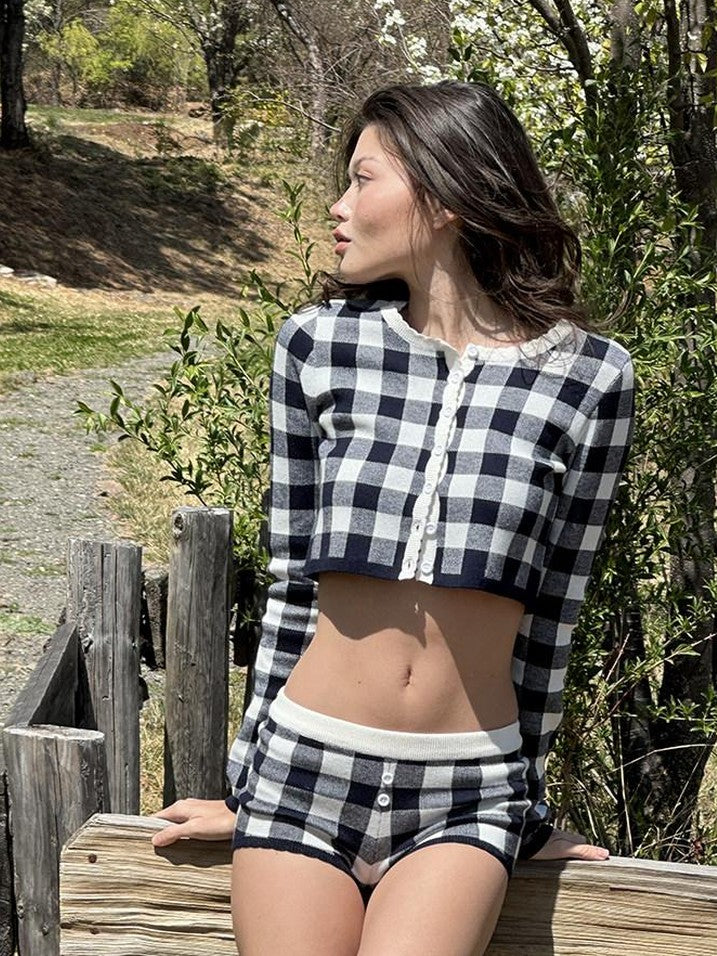 SweetChilling Plaid Knit Long Sleeve Cardigan A Line Women&