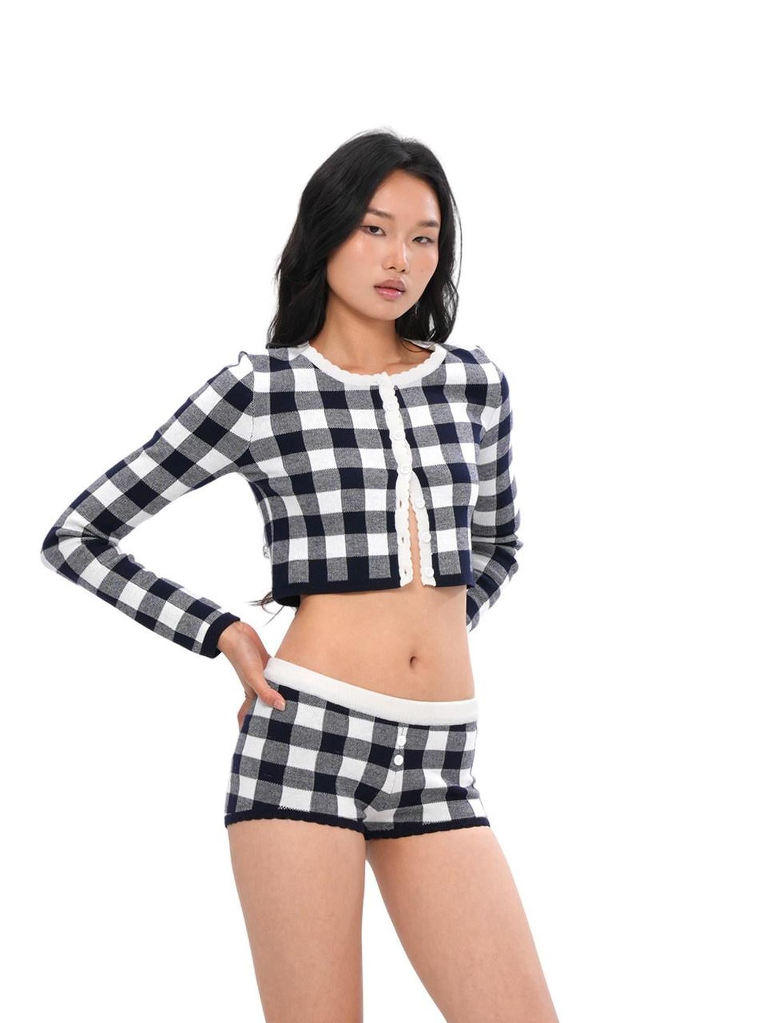 SweetChilling Plaid Knit Long Sleeve Cardigan A Line Women&