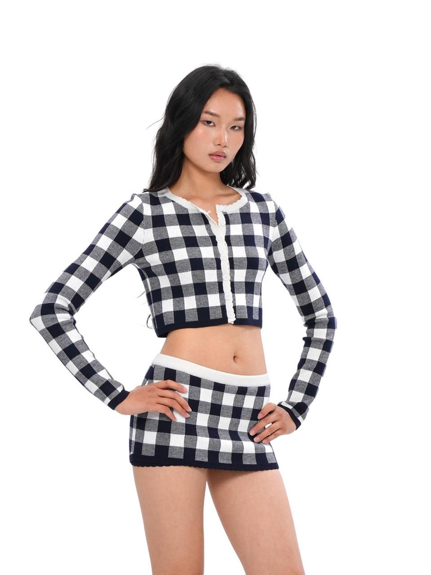 SweetChilling Plaid Knit Long Sleeve Cardigan A Line Women&
