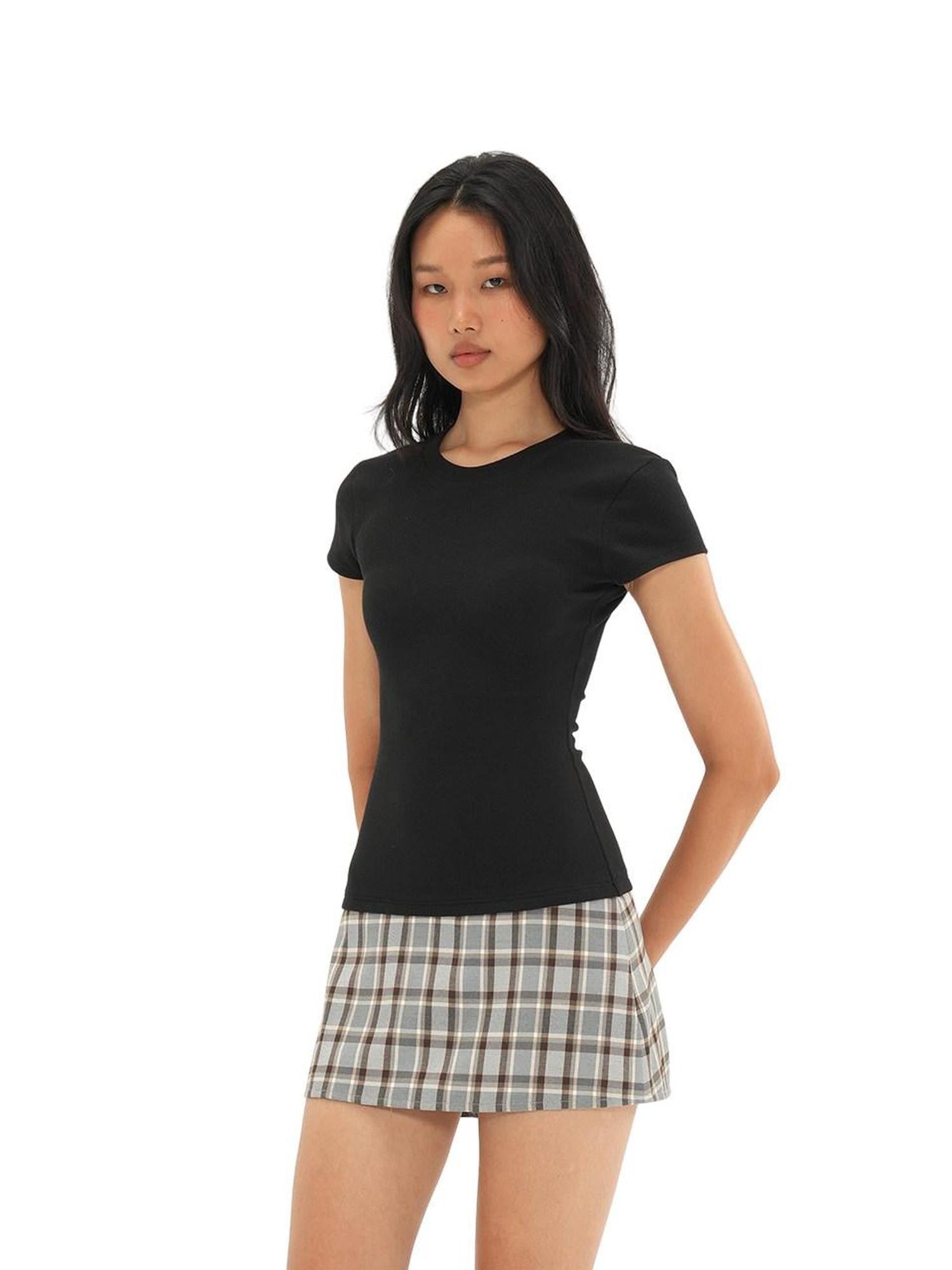 SweetChilling Plaid T Shirt Waist Cinched Slim Fit Short Sleeve Women&