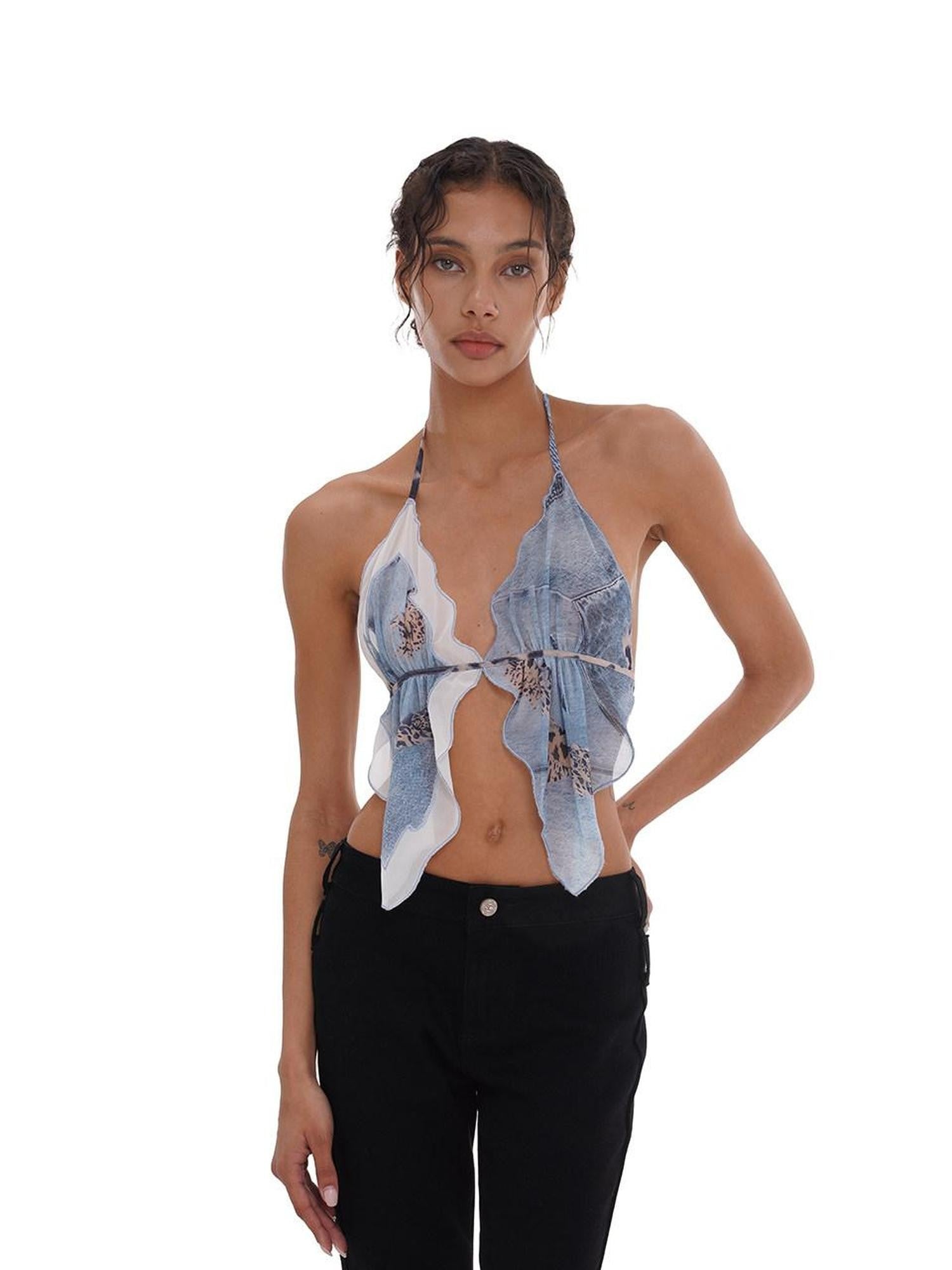 SweetChilling Printed Scarf Tie Petal V-neck Slim Women&