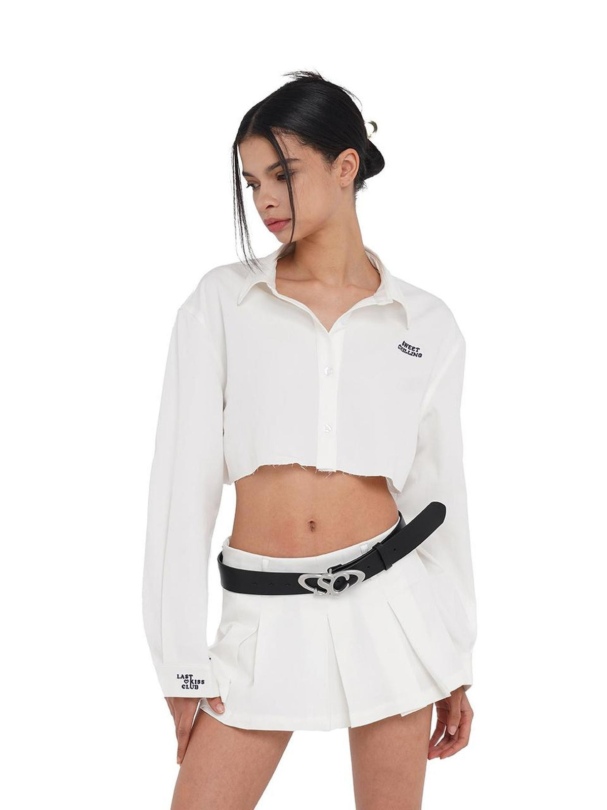 SweetChilling Raw Hem Cropped Shirt Wide Pleated Skirt Women&