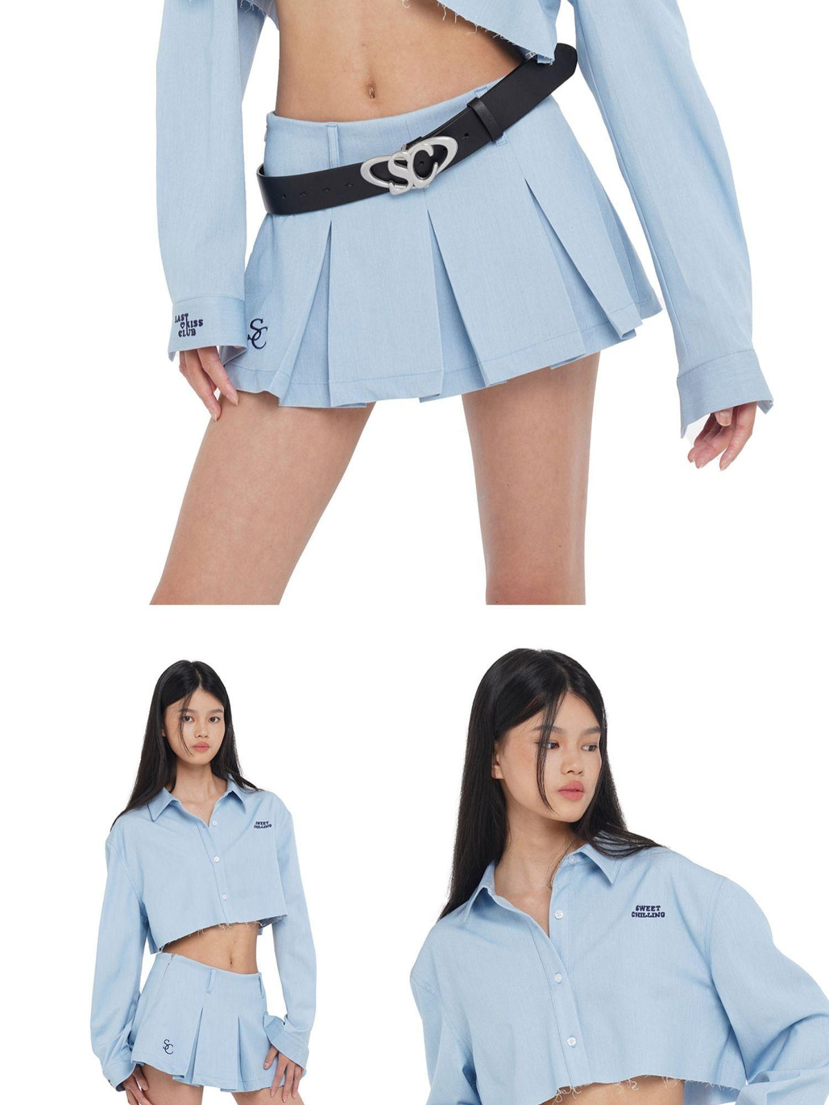 SweetChilling Raw Hem Cropped Shirt Wide Pleated Skirt Women&
