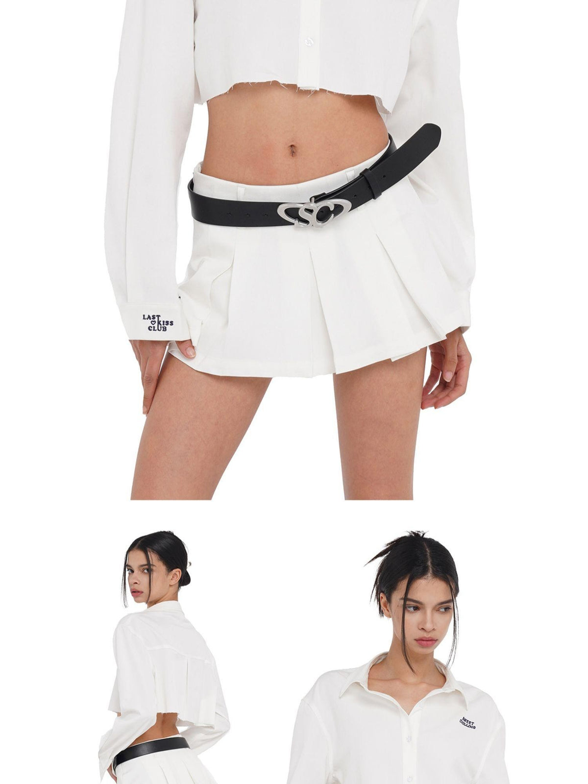 SweetChilling Raw Hem Cropped Shirt Wide Pleated Skirt Women&