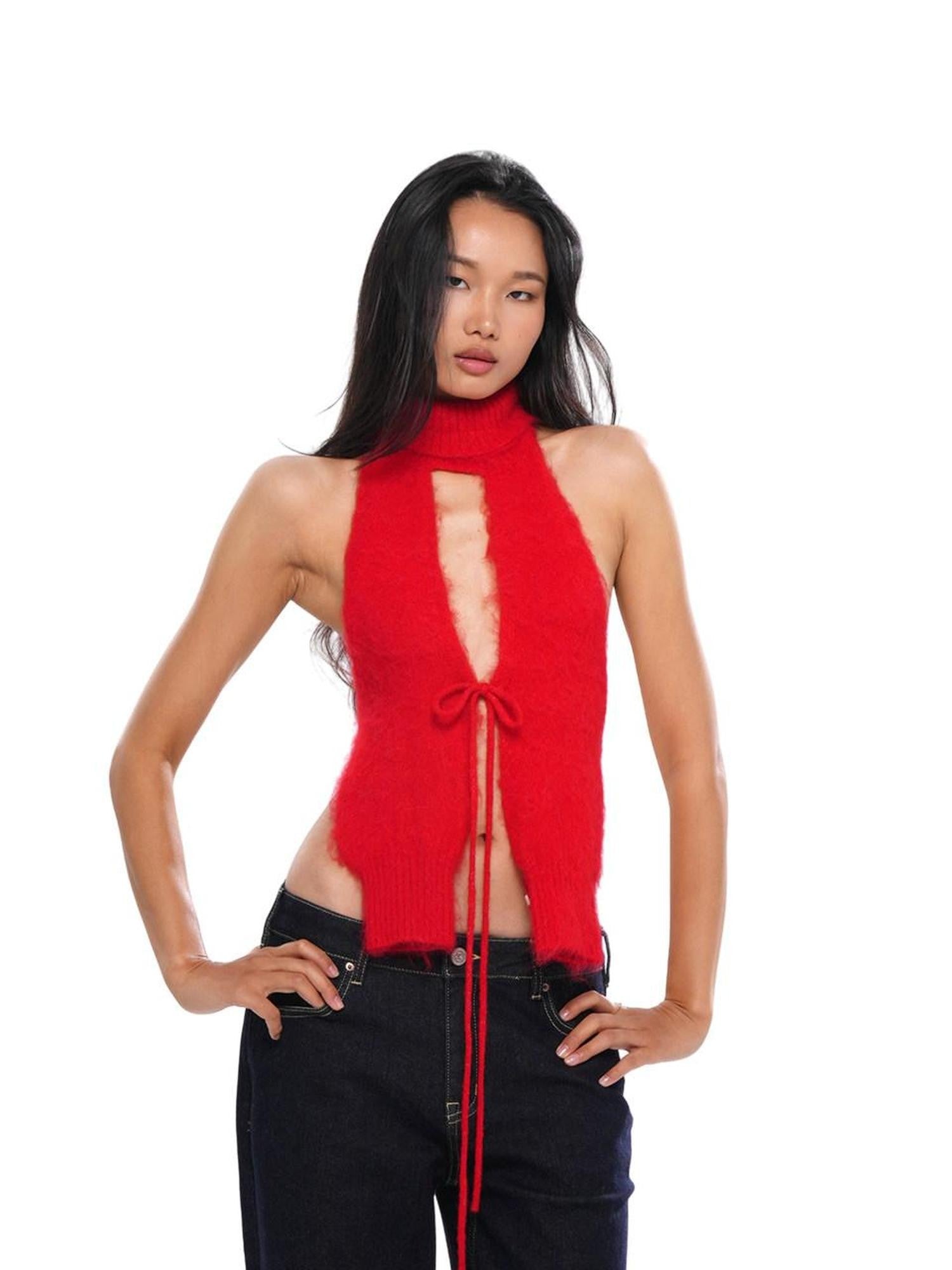 SweetChilling Red High Neck Brushed Cropped Fitted Women&