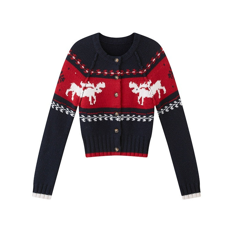 SweetChilling Reindeer Jacquard Contrast Cropped Women&