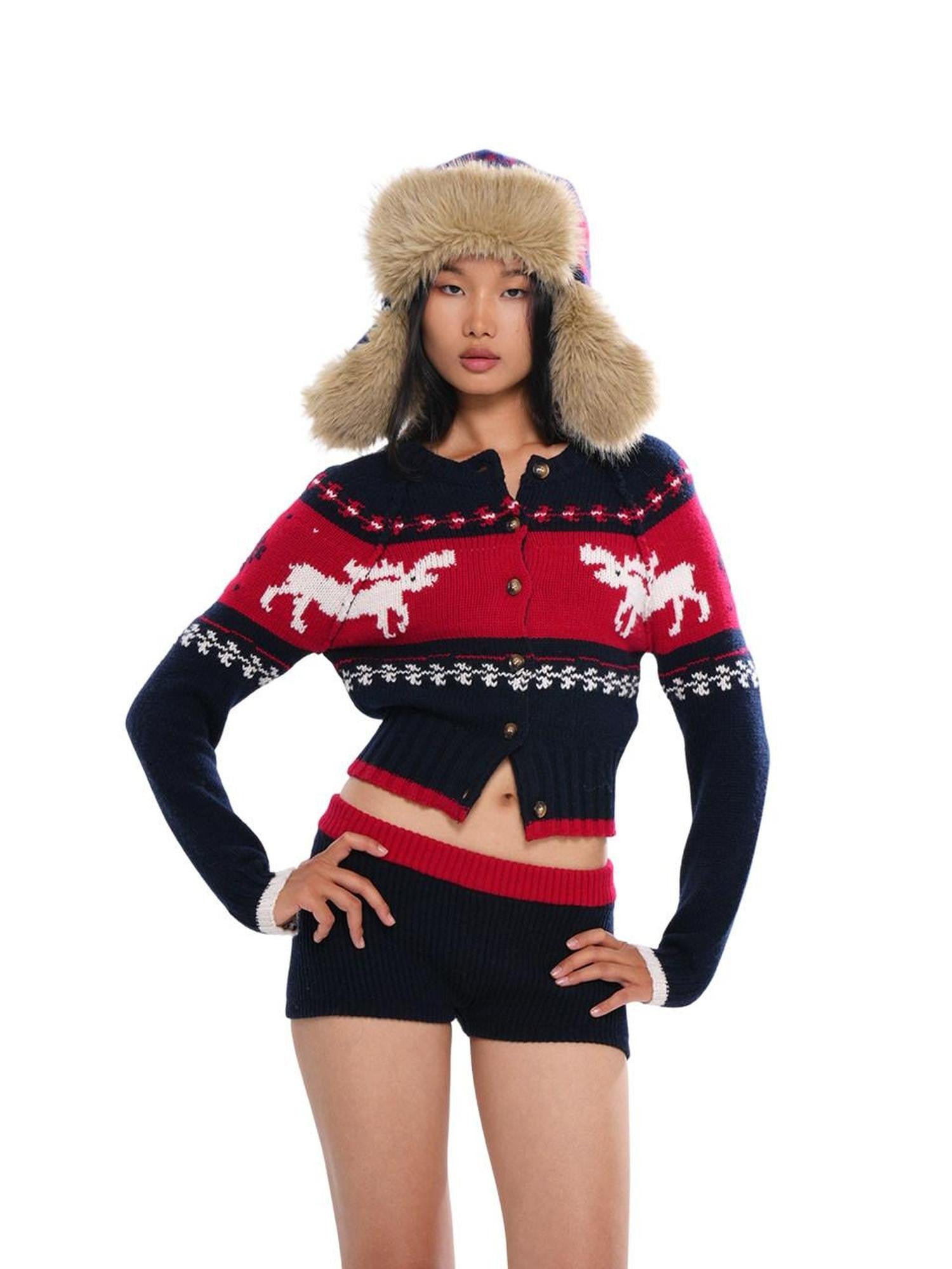 SweetChilling Reindeer Jacquard Contrast Cropped Women&
