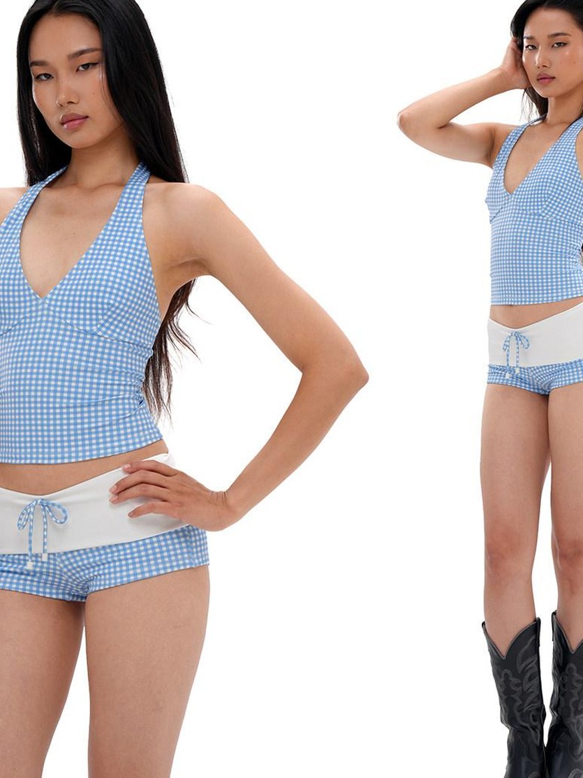 SweetChilling Resort Gingham Print V-neck Shorts Women&