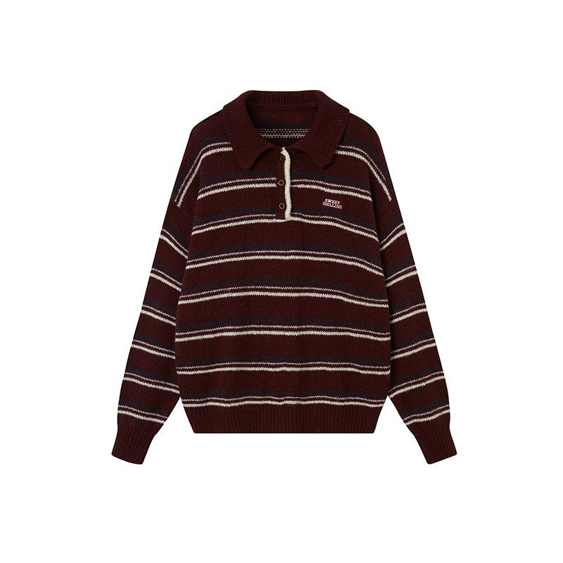 SweetChilling_Retro_Striped_Polo_Collar_Loose_Fit_Women&