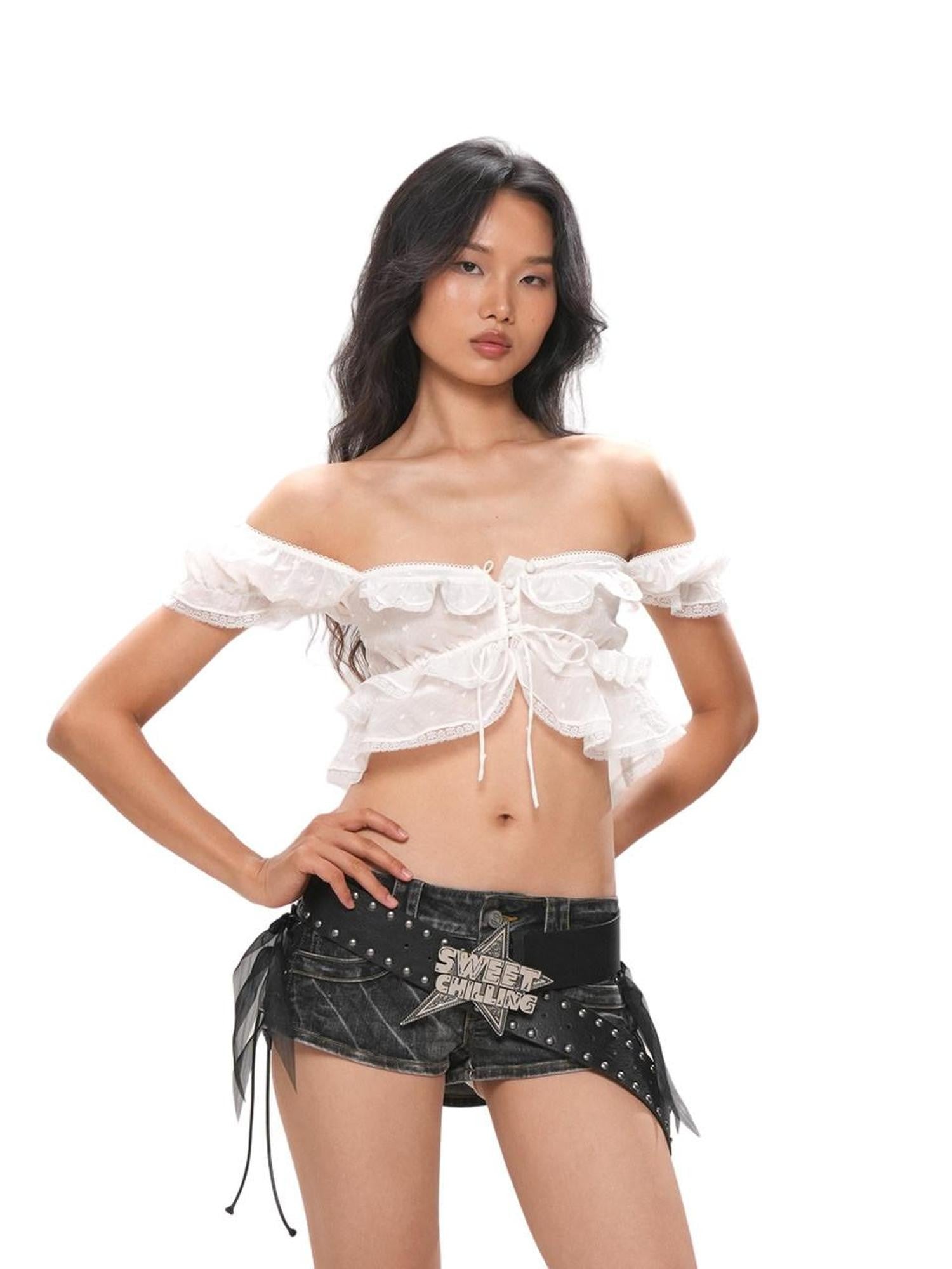 SweetChilling Ruffle Collar Spliced Lace Buttoned Sleeveless Fitted Women&