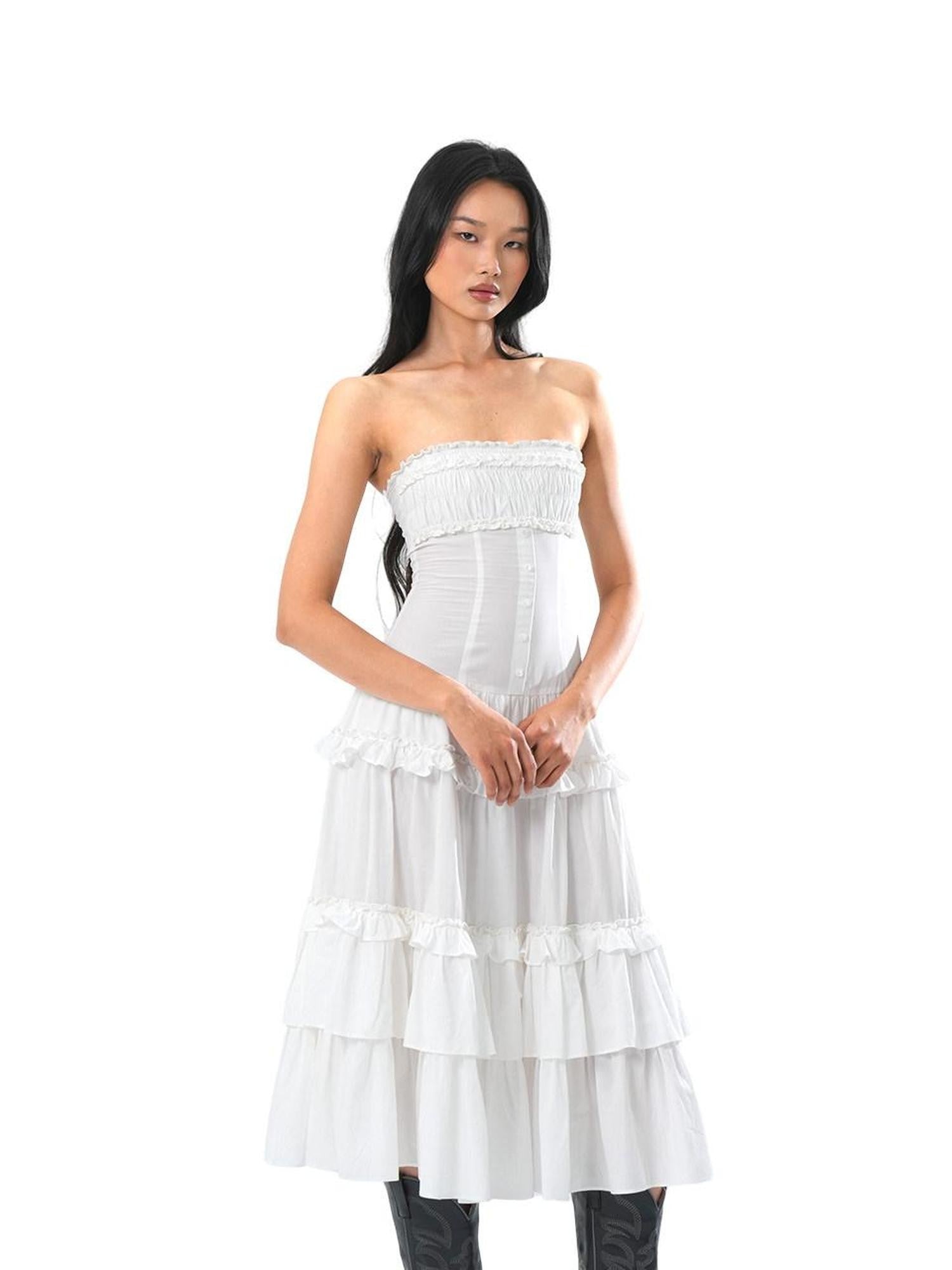 SweetChilling Ruffled Strapless Cinched Waist Women&