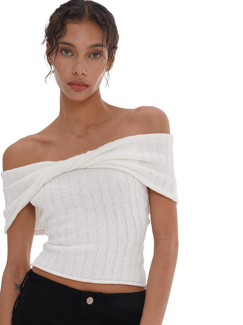 SweetChilling Solid Cropped One Shoulder Bow Knit Women&