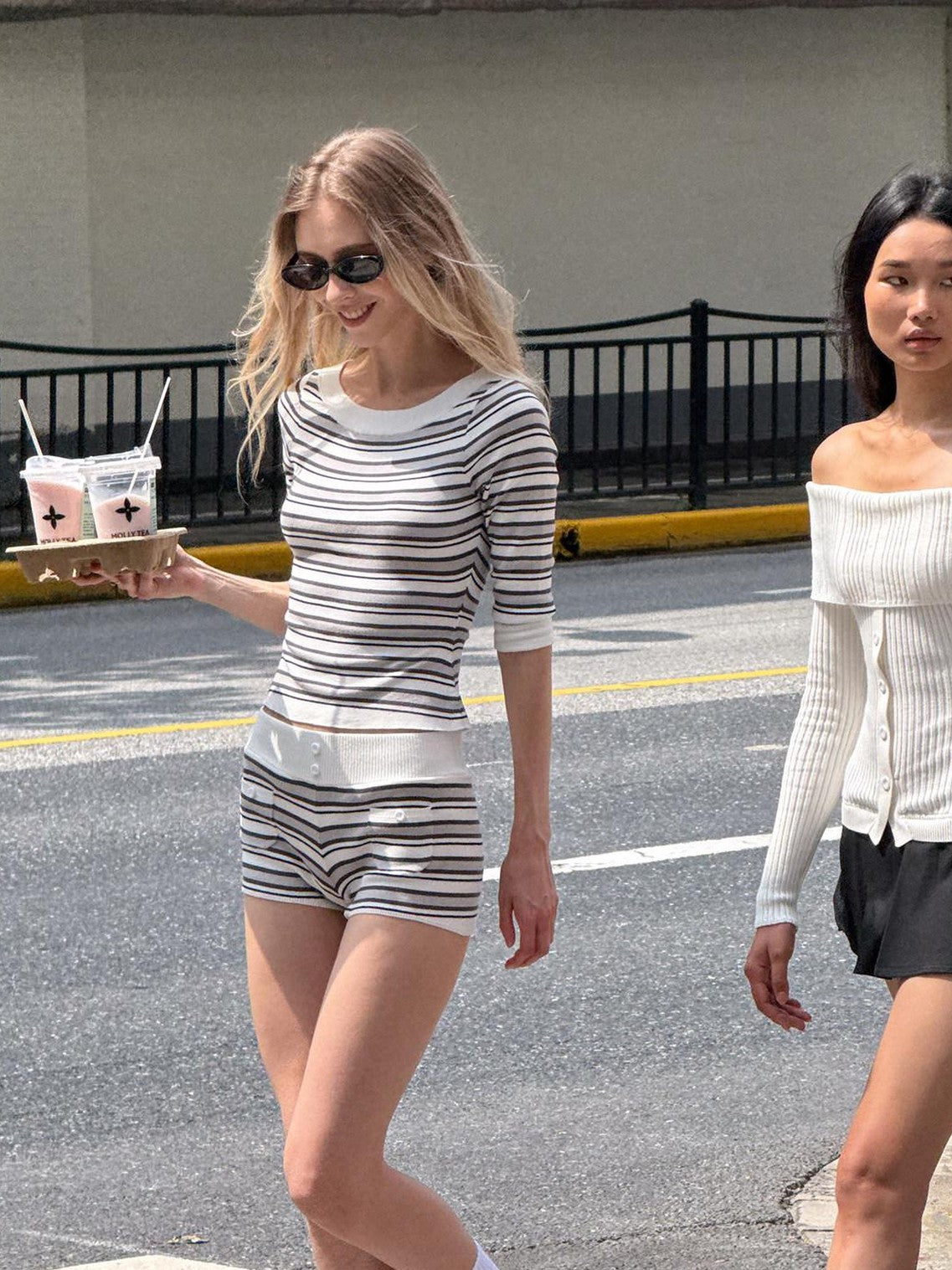 SweetChilling Striped Boat Neck Waist Knit Women&