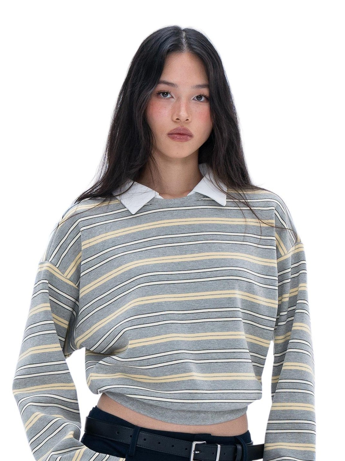 SweetChilling Striped Contrast Collar Long Sleeve Women&