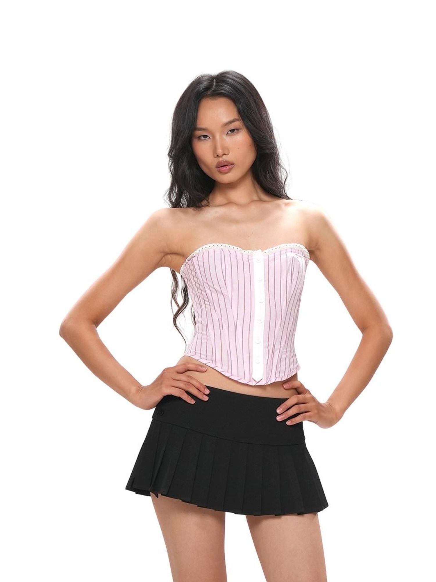 SweetChilling Striped Cropped Shirt Boned Corset Cotton Women&
