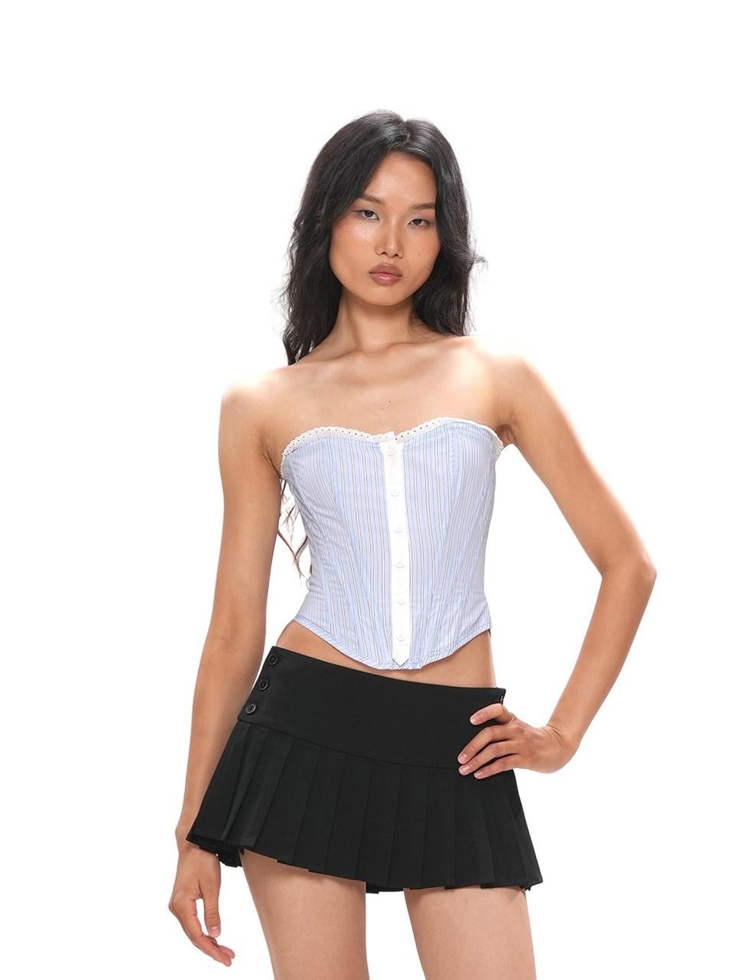SweetChilling Striped Cropped Shirt Boned Corset Cotton Women&