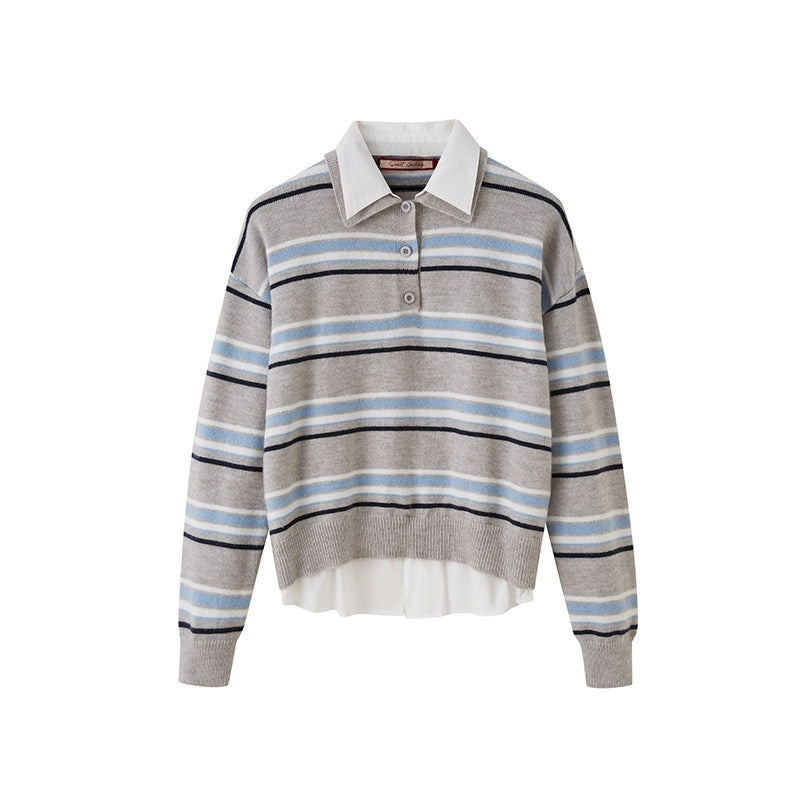 SweetChilling Striped Polo Collar Faux Two Piece Women&